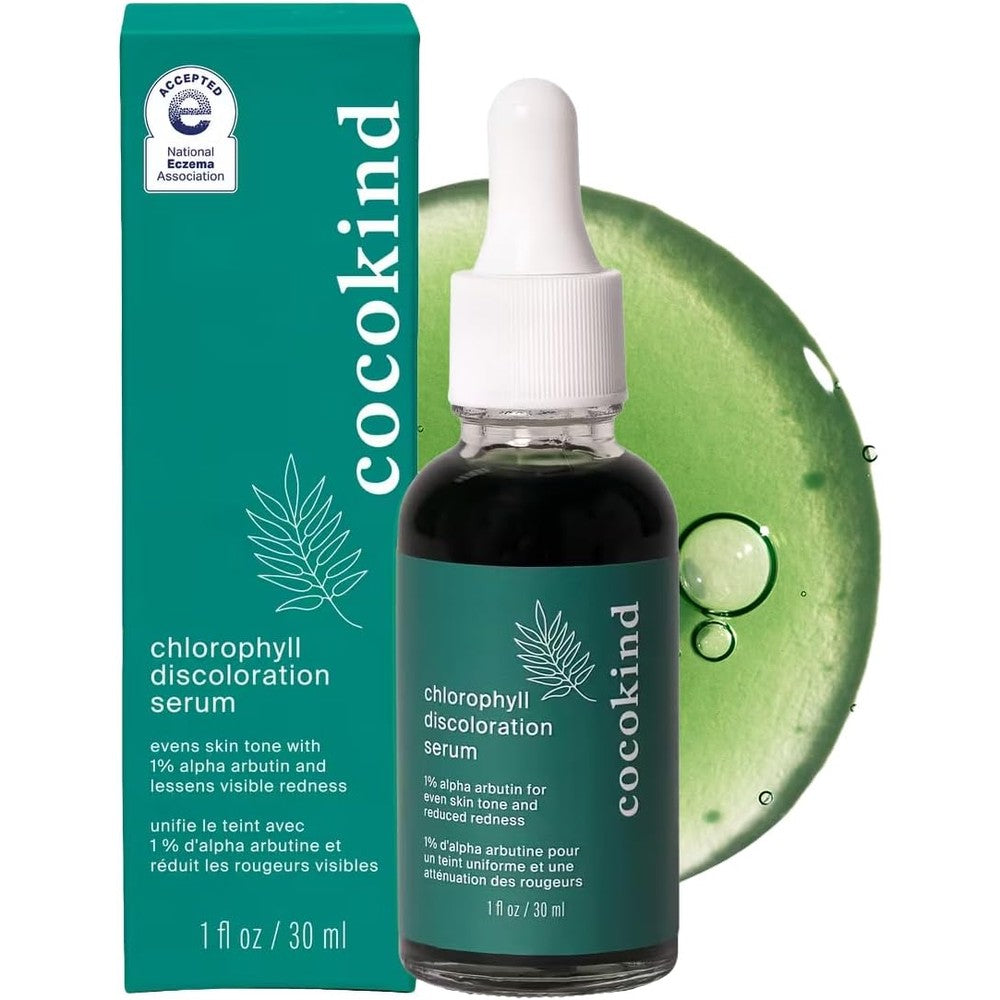 Cocokind Chlorophyll Discoloration Serum front view of glass bottle with white dropper cap