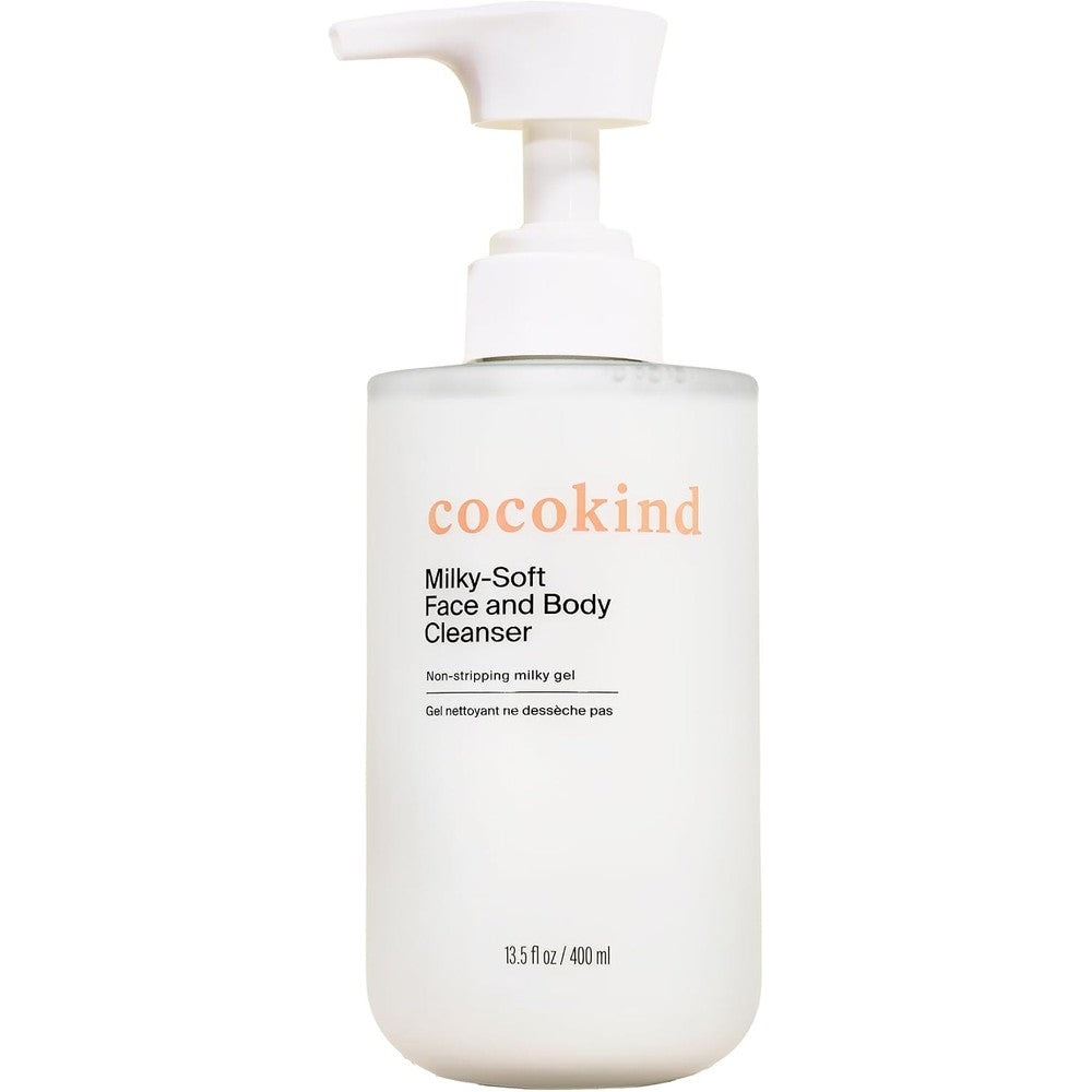 Cocokind Milky-Soft Face and Body Cleanser 13.5 fluid ounce front view bottle for sensitive skin.