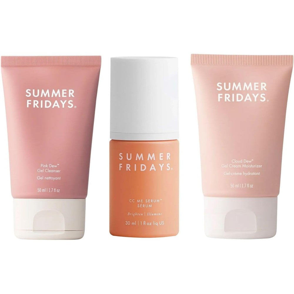 Summer Fridays Morning Trio Travel Size Set front view featuring three skincare products for brightening