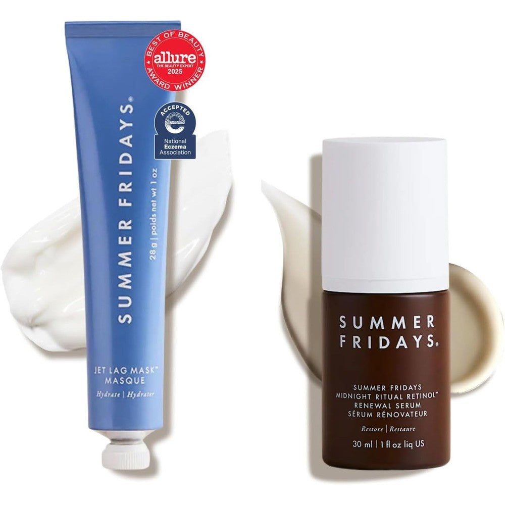Summer Fridays Evening Duo overnight skincare set front view featuring travel face mask and retinol serum