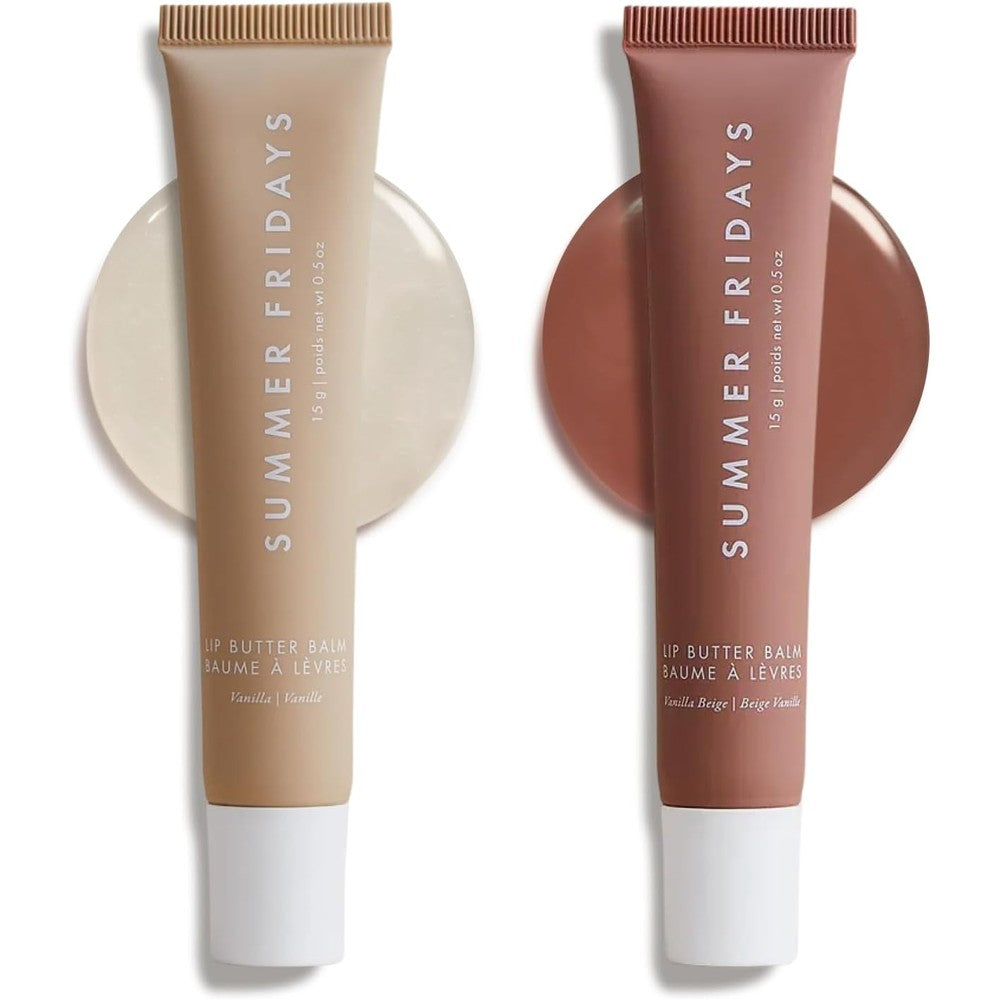 Summer Fridays Tinted Lip Butter Balm Gift Set front packaging view showing two vegan lip balm tubes.