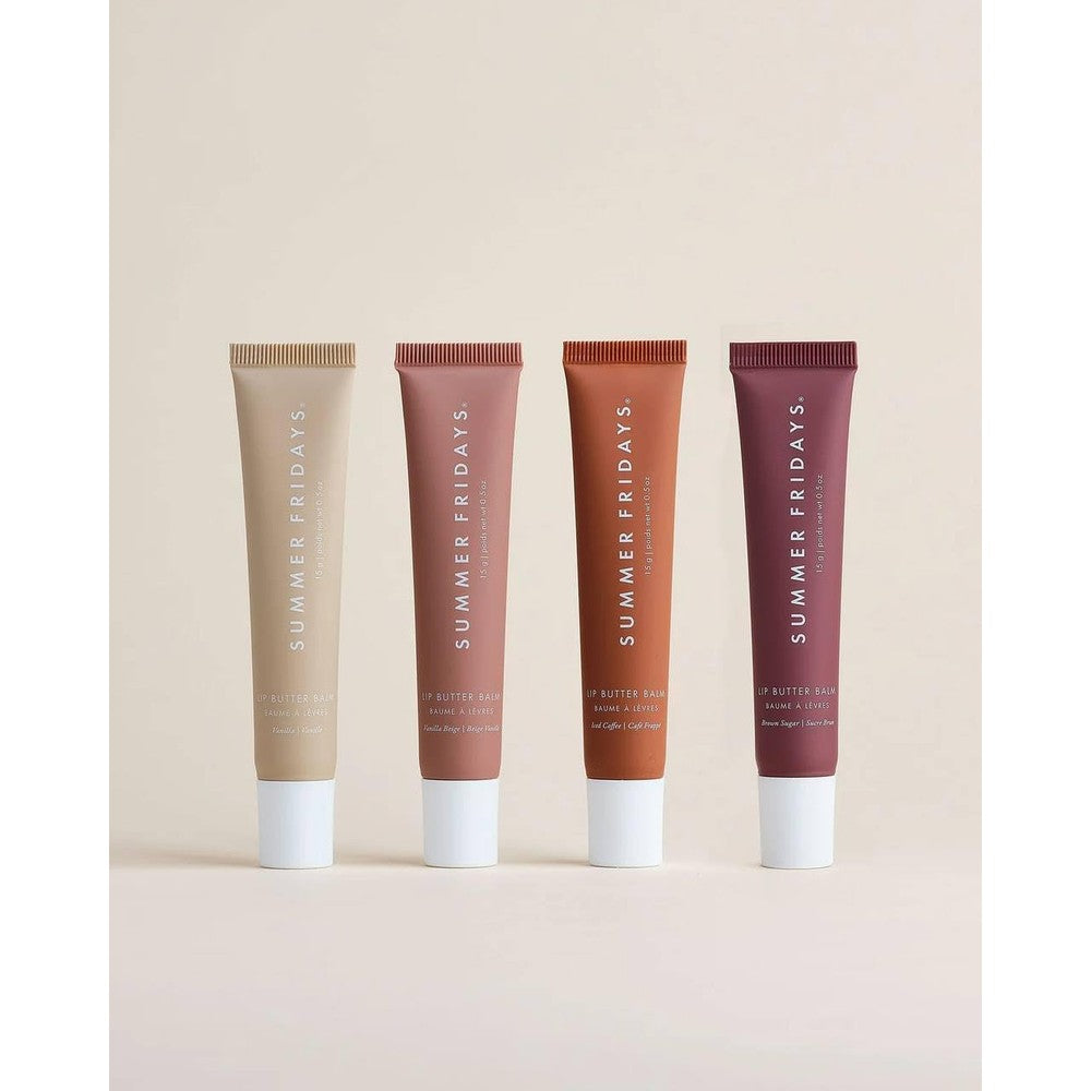 Summer Fridays The Mini Neutrals Lip Butter Balm Set front view showcasing four mini tubes for intensely hydrated lips.