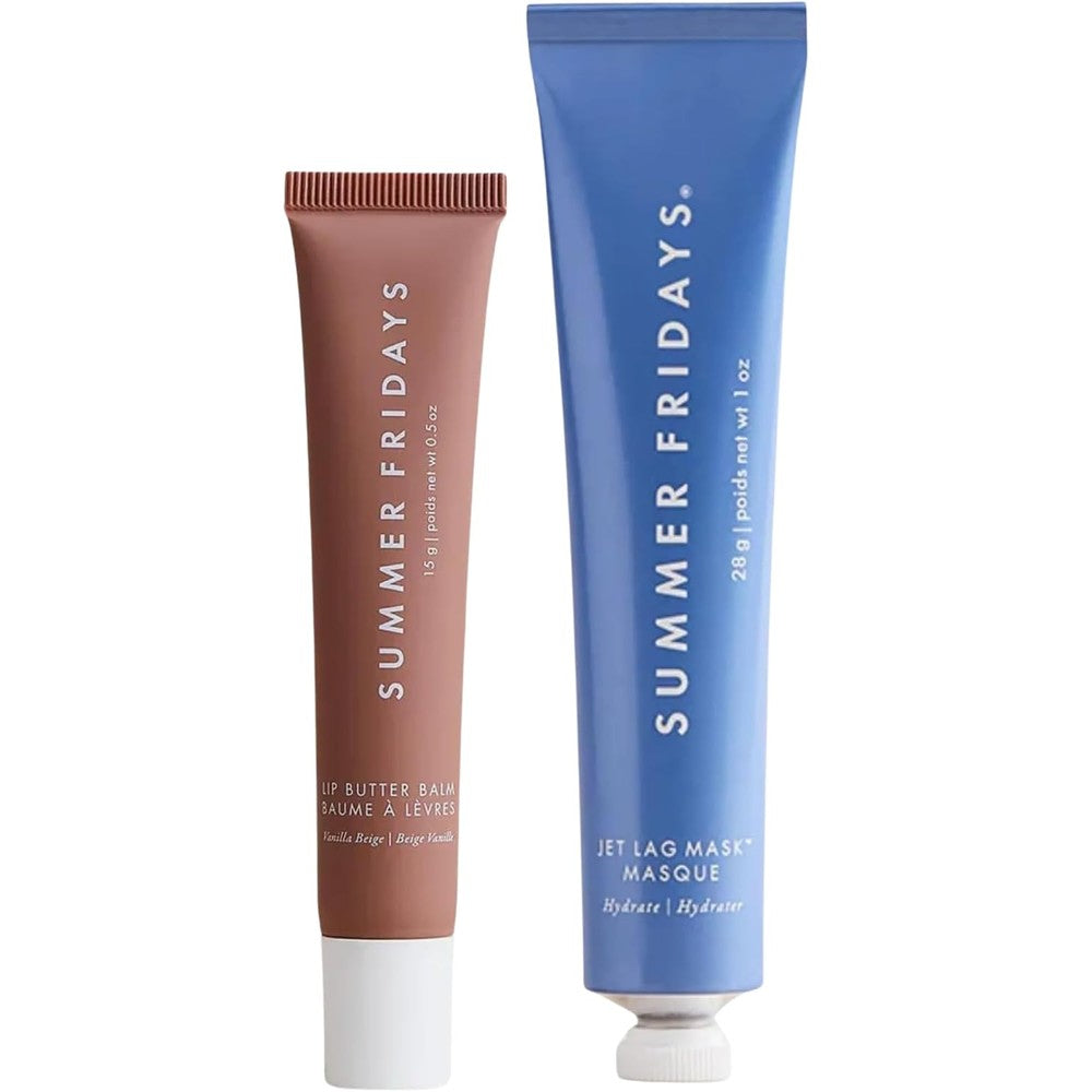 Summer Fridays Lip Butter Balm and Jet Lag Mask set front view showing authentic hydration packaging.