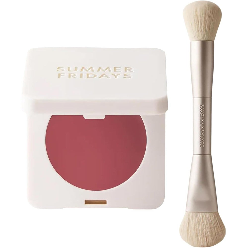 Summer Fridays Dewy Rose Cheek Essentials Set front packaging view showing cream blush and dual ended brush.