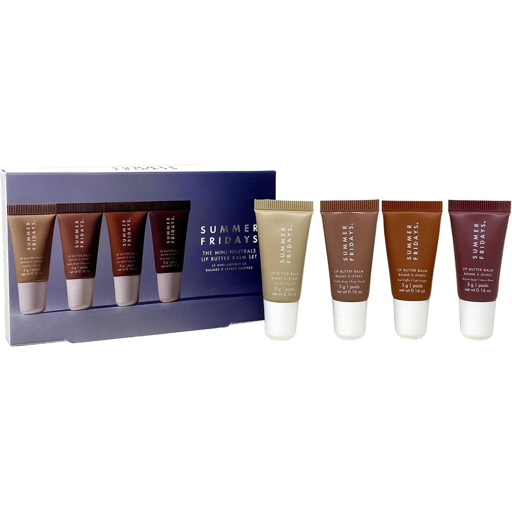 Summer Fridays Mini Neutrals Lip Butter Balm Set front view showing four travel tubes