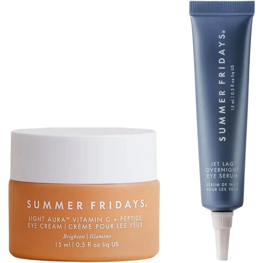 Summer Fridays Bright Eyes Duo skincare set containing Light Aura Eye Cream and Jet Lag Serum front view