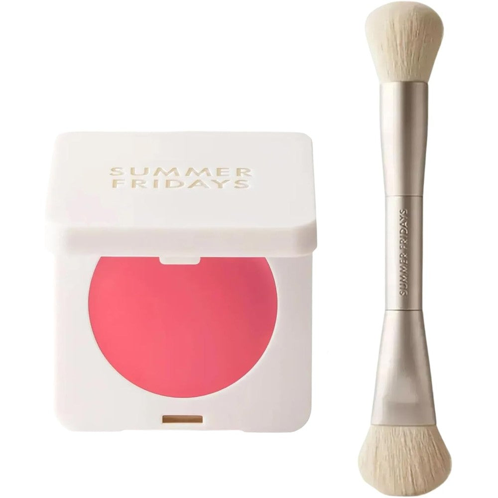 Summer Fridays Sunset Flush Duo front view featuring the Pink Sunset cream blush compact and dual-ended makeup brush.