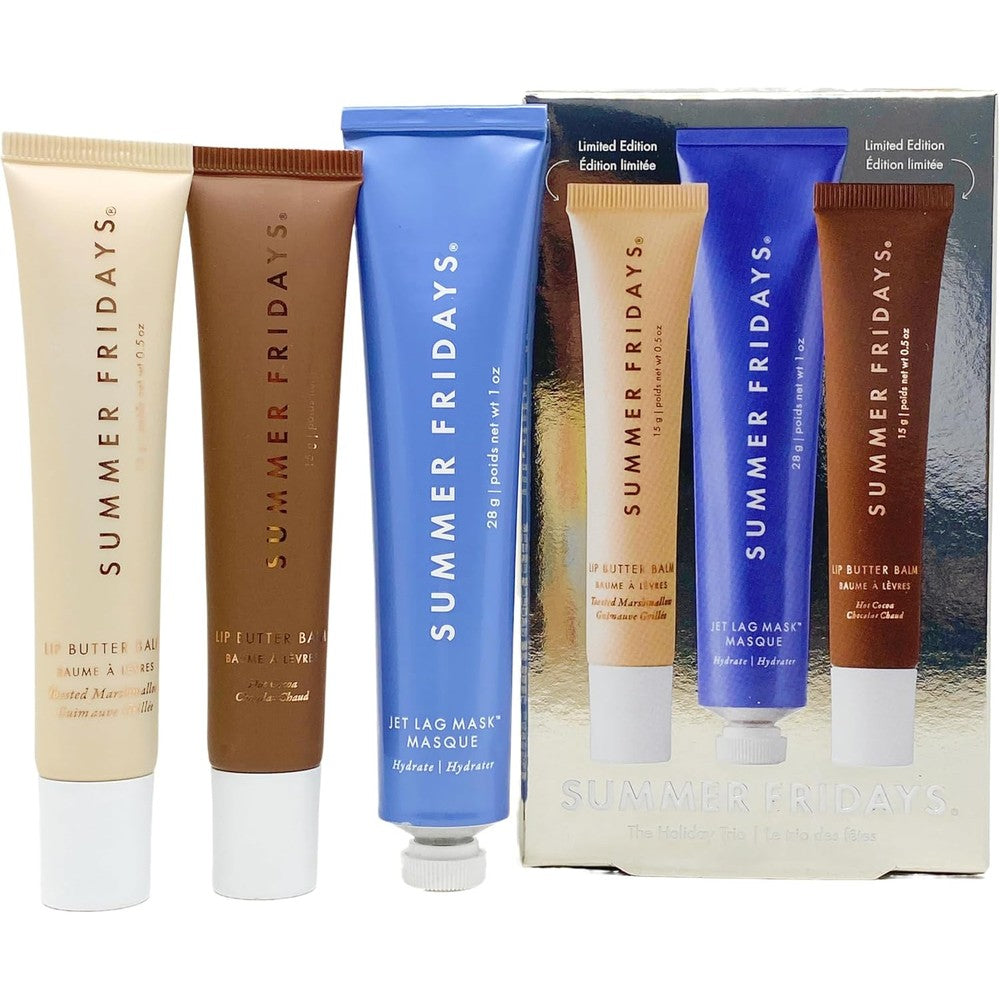 Summer Fridays The Holiday Trio gift set front view featuring Jet Lag Mask and two Lip Butter Balms