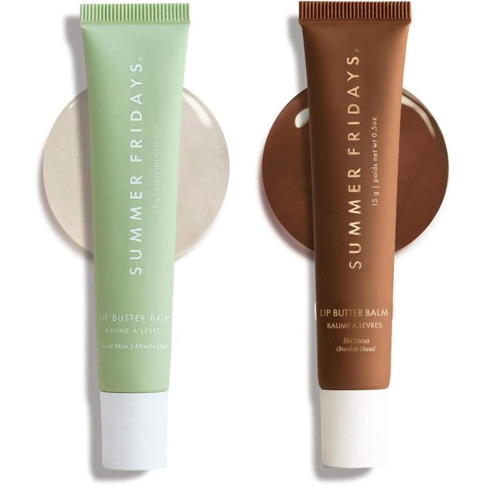 Summer Fridays Lip Butter Balm Duo front view showcasing Hot Cocoa and Sweet Mint packaging for intense lip hydration.