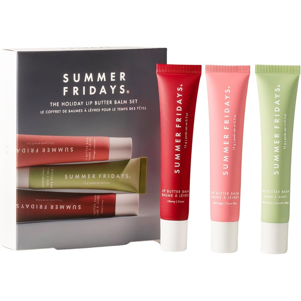 Summer Fridays Holiday Lip Butter Balm Set front view packaging showcasing the three full size vegan tubes