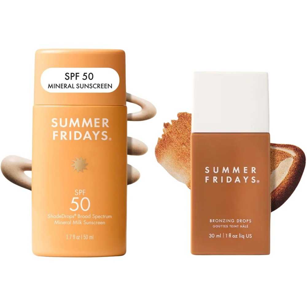 Summer Fridays ShadeDrops SPF 50 Sunscreen and Bronzing Drops set front view for radiant skin.