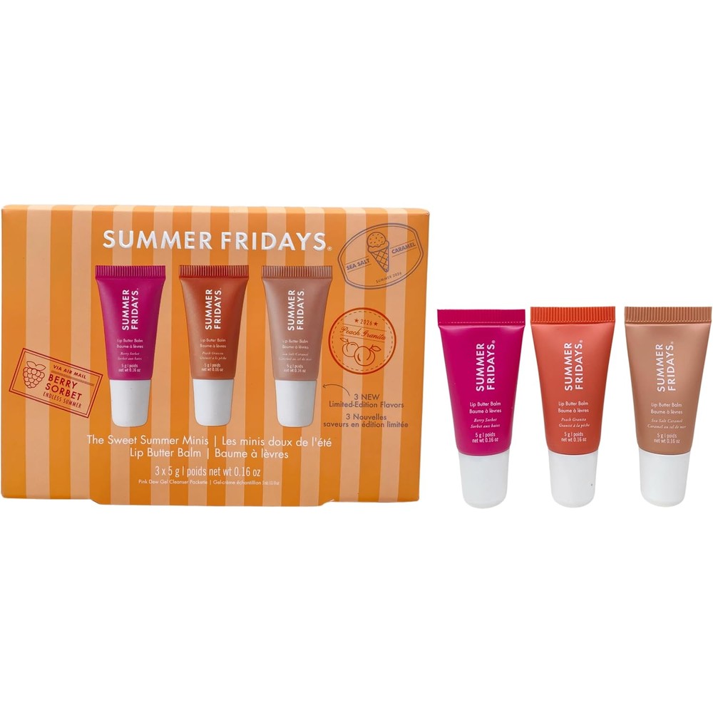 Summer Fridays Sweet Summer Minis Lip Butter Balm Trio Set front packaging view showing three tubes