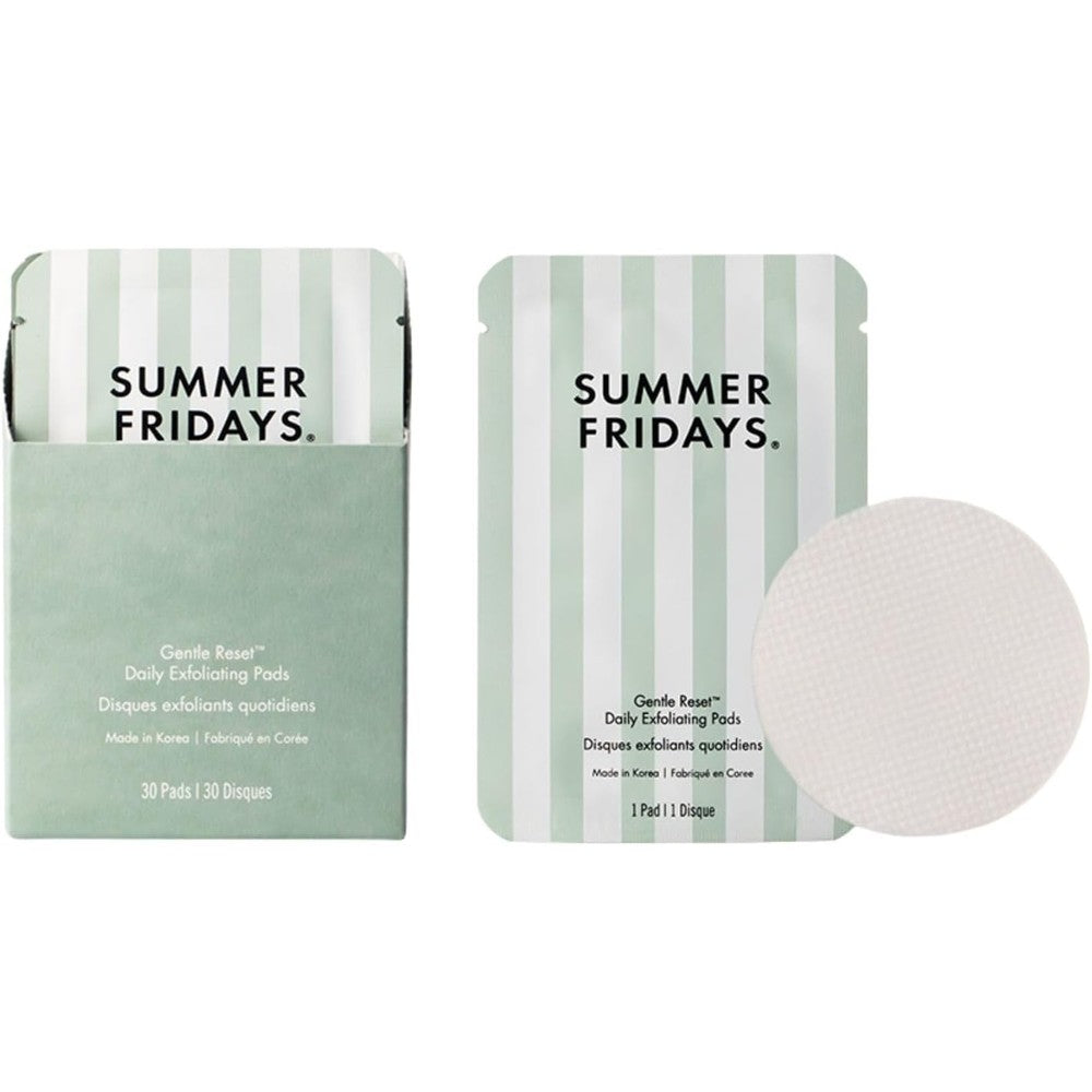 Summer Fridays Gentle Reset Daily Exfoliating Pads front view of the packaging box.
