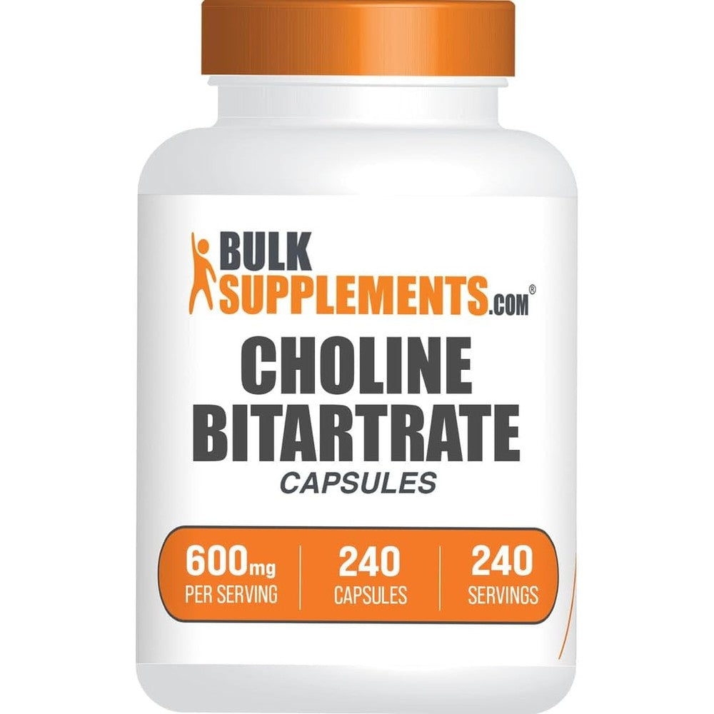 BulkSupplements Choline Bitartrate Capsules front view showing 600mg serving for brain health support.