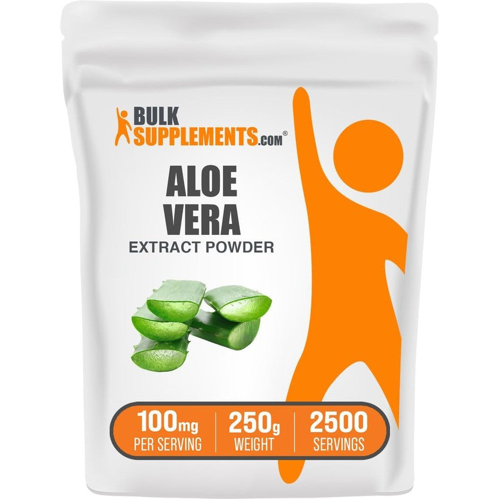 BulkSupplements Aloe Vera Extract Powder front view packaging showing pure herbal supplement details.