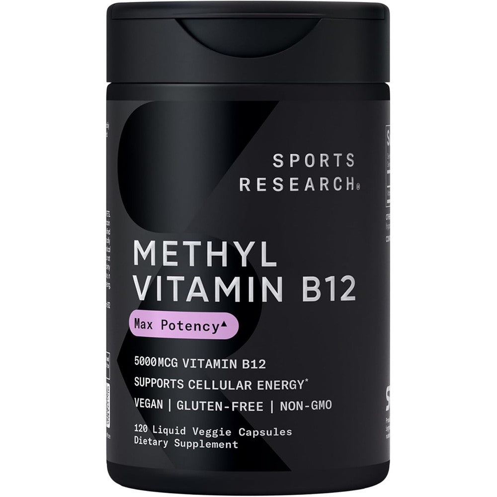 Sports Research Vitamin B12 Methylcobalamin 5000 Micrograms High Potency Vegan Energy Metabolism Support With Coconut MCT Oil 120 Liquid Capsules