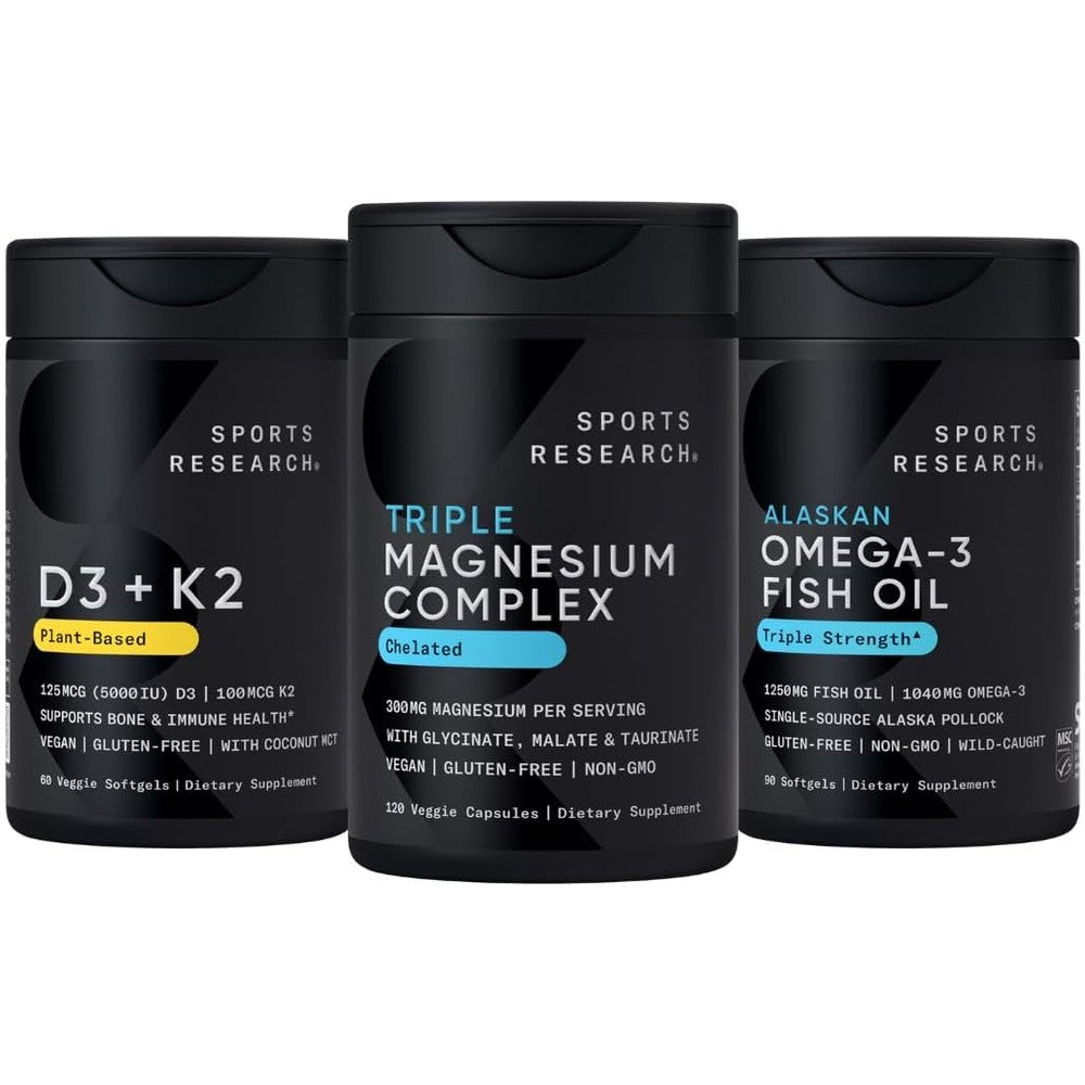 Sports Research Multivitamin Pack Chelated Triple Magnesium Complex 300 Milligrams Vitamin D3 5000 International Units Plus K2 100 Micrograms and A...