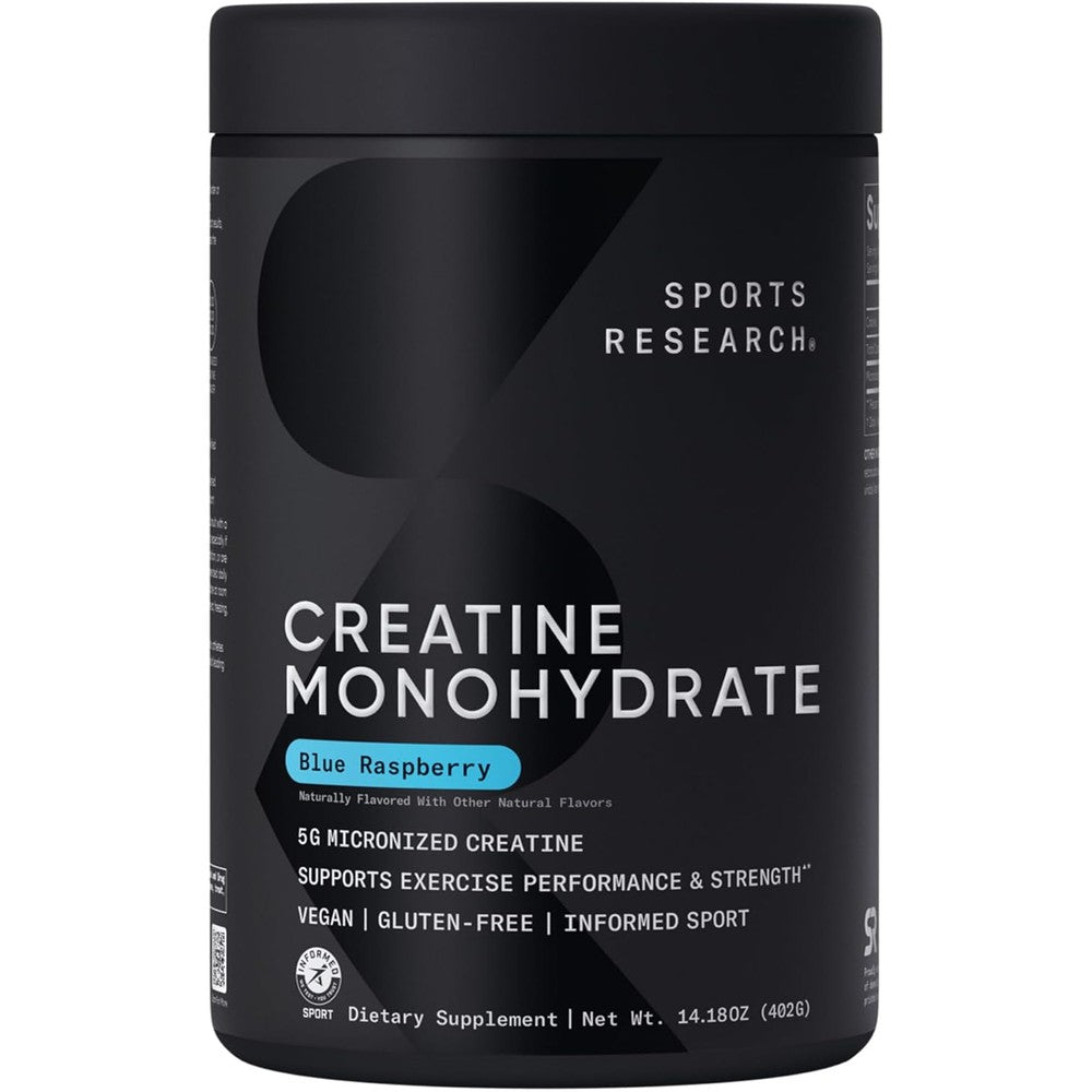 Sports Research Micronized Creatine Monohydrate Powder For Lean Muscle Gain Blue Raspberry Flavor Fourteen Point Eighteen Ounce