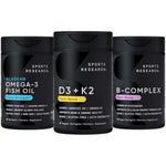 Sports Research Multivitamin Pack Featuring Triple Strength Omega Three Fish Oil Plant Based Vitamin D3 Plus K2 And Vegan B Complex Three Bottle Kit