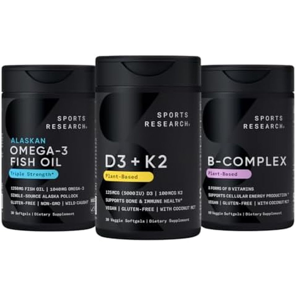 Sports Research Multivitamin Pack Featuring Triple Strength Omega Three Fish Oil Plant Based Vitamin D3 Plus K2 And Vegan B Complex Three Bottle Kit