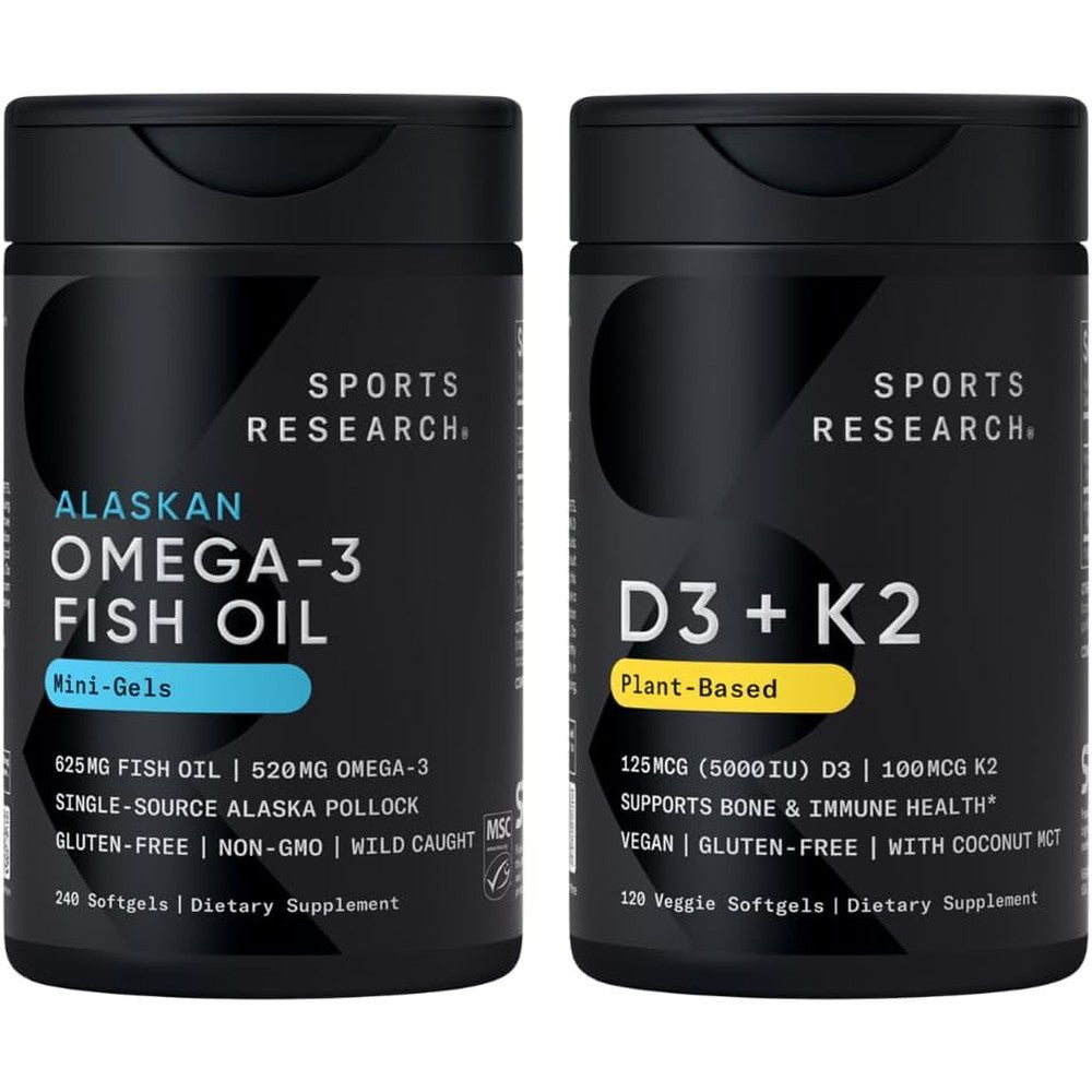 Sports Research Multivitamin Pack Featuring Omega 3 Fish Oil Mini Gels Six Hundred Twenty Five Milligrams And Vegan Vitamin D3 Sixty Softgels