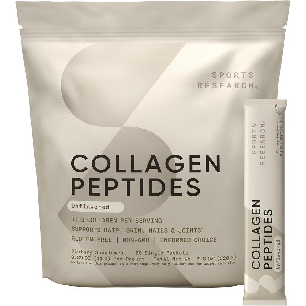 Sports Research Collagen Peptides Hydrolyzed Type 1 And 3 Powder Supplement Unflavored 20 Individual Packets