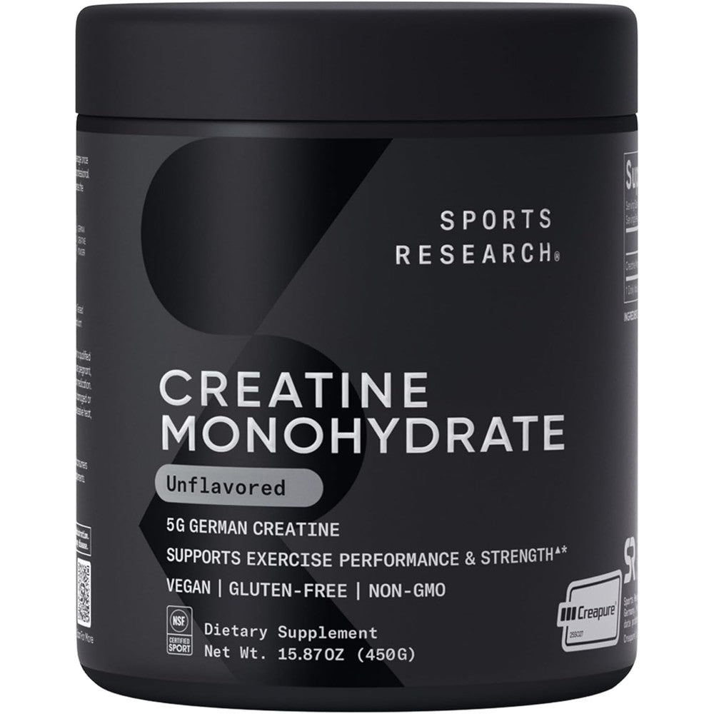 Sports Research Creatine Monohydrate Powder With Creapure Unflavored Premium German Micronized Muscle Recovery Supplement 450 Grams