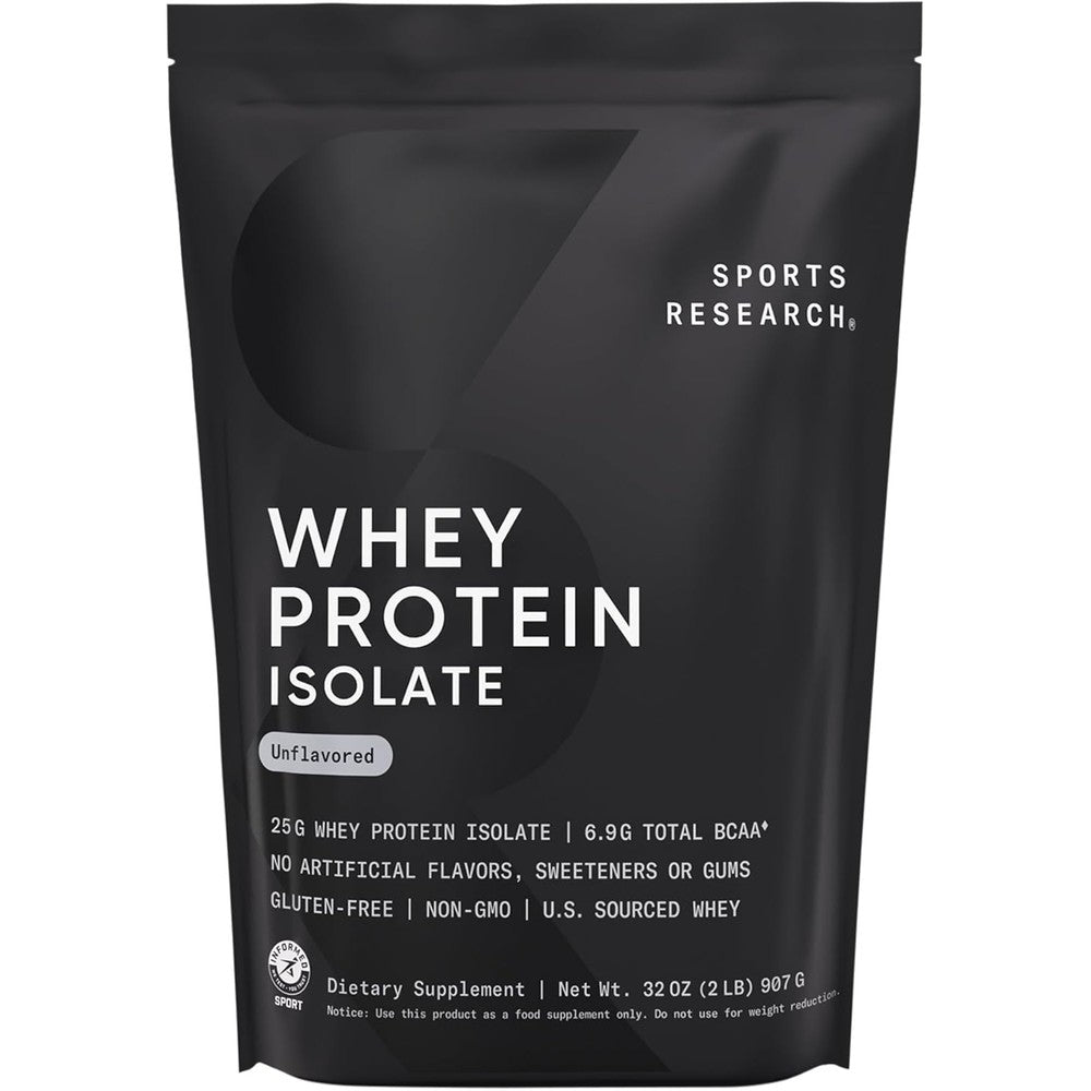 Sports Research 100% Whey Protein Isolate Unflavored Powder With Branched Chain Amino Acids And Medium Chain Triglycerides 2 Pound Bag