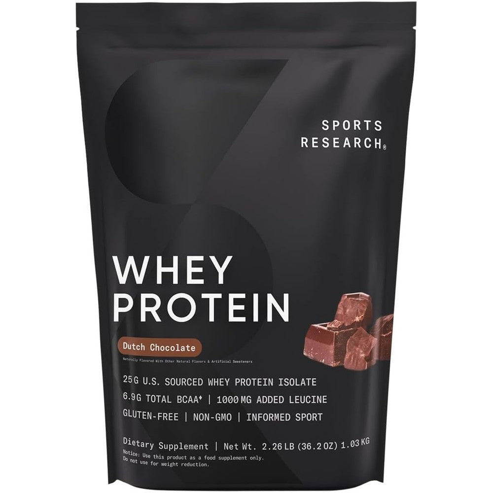 Sports Research Whey Protein Isolate Sports Nutrition Protein Powder 25 Grams Per Serving Dutch Chocolate 2.26 Pound Bag 25 Servings