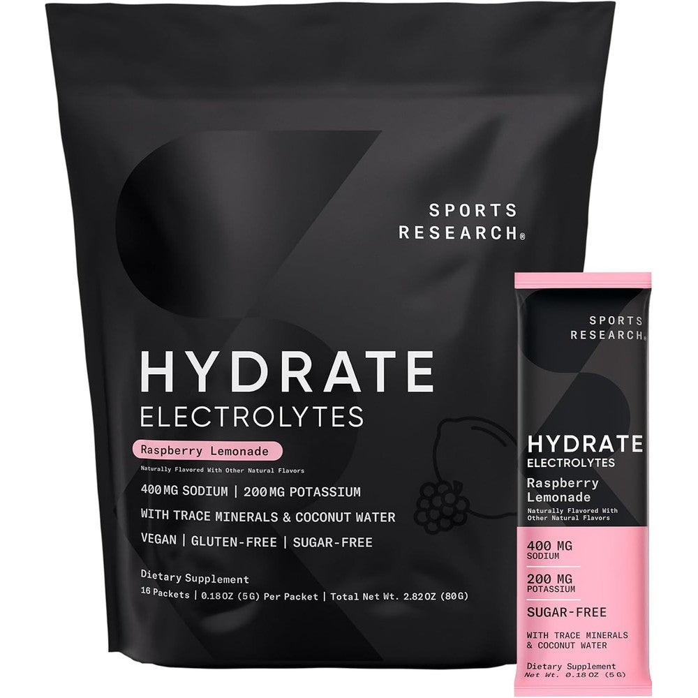 Sports Research Hydrate Electrolytes Powder Packets Sugar Free Hydration Mix With Coconut Water Raspberry Lemonade 16 Packets