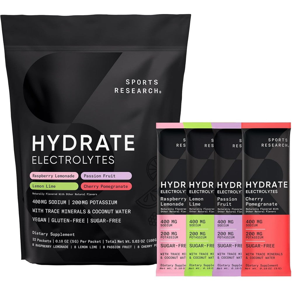 Sports Research Hydrate Electrolytes Powder Packets Sugar Free With Coconut Water Variety Pack 32 Packets