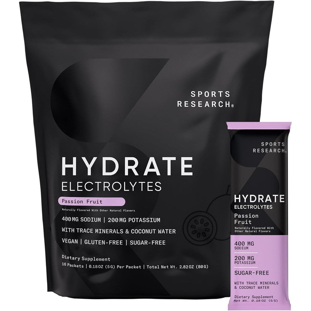 Sports Research Hydrate Electrolytes Powder Packets Sugar Free With Vitamins Minerals And Coconut Water Passion Fruit Sixteen Packets