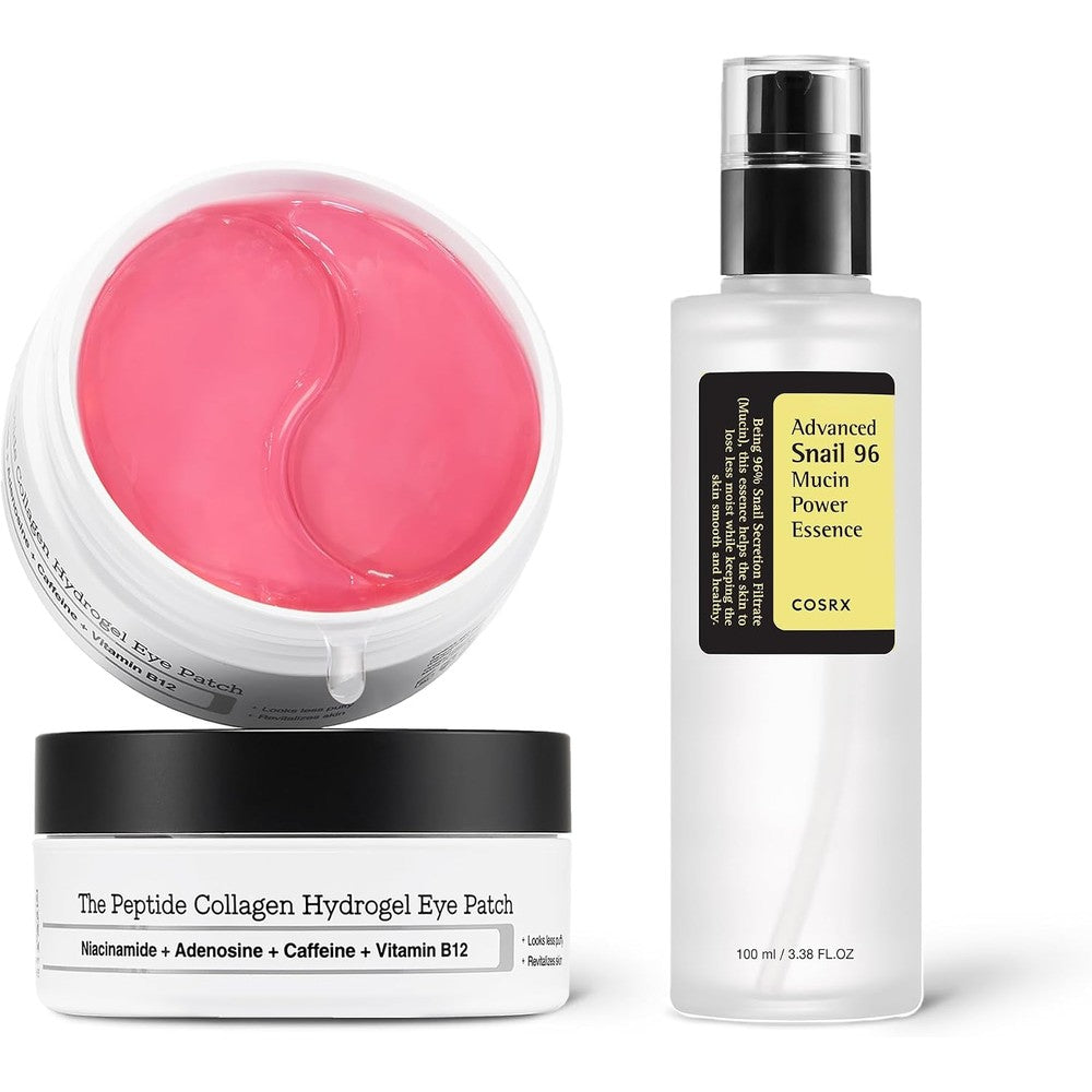 COSRX Peptide Collagen Hydrogel Eye Patch Sixty Count and Advanced Snail Ninety Six Mucin Power Essence One Hundred Milliliter Combo Set