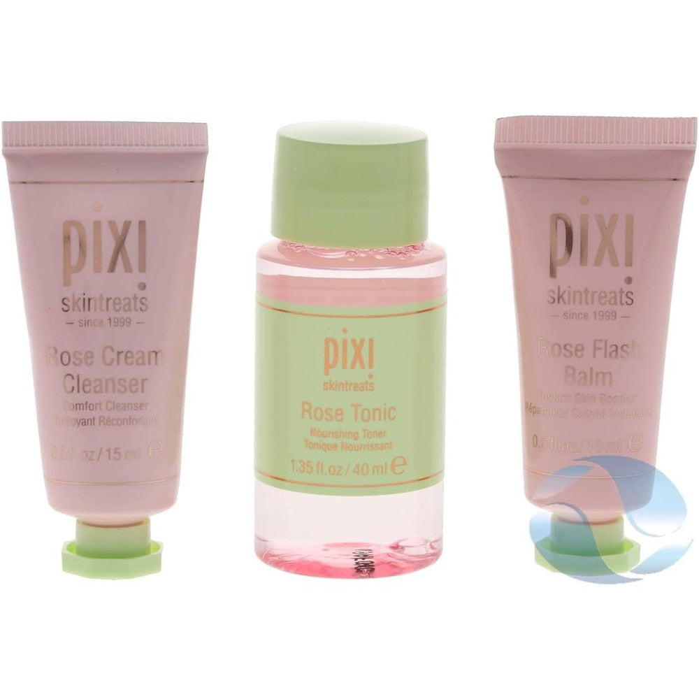 Pixi Best of Rose Collection Gift Set with Rose Cream Cleanser Rose Tonic and Rose Flash Balm Deluxe Travel Size 3 Piece Kit