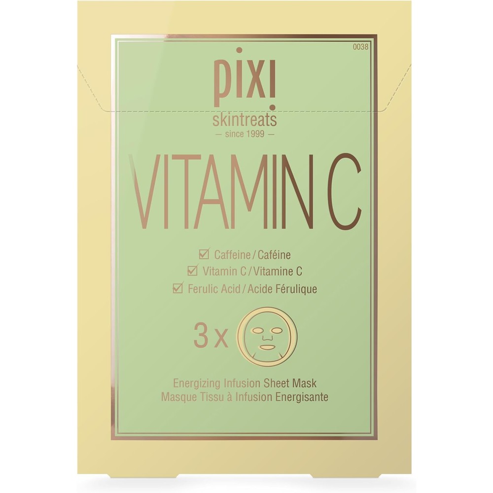 Pixi Beauty Vitamin-C Energizing Infusion Sheet Mask For Brightening And Hydrating Face Pack Of Three Microfiber Masks Twenty Three Grams Each