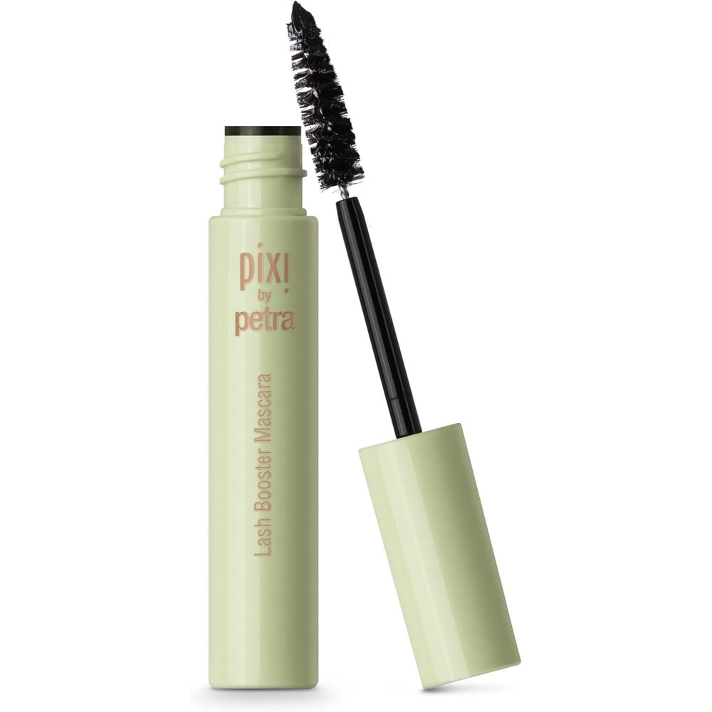 Pixi Lash Booster Mascara Blackest Black front view of light green tube with tapered wand.
