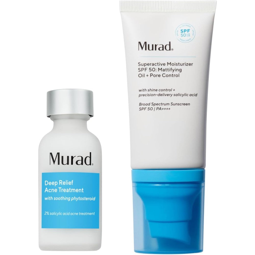 Murad Acne Treat And Protect Combo Set With Deep Relief Acne Treatment And Superactive Mattifying Oil And Pore Control Moisturizer Sunscreen SPF 50