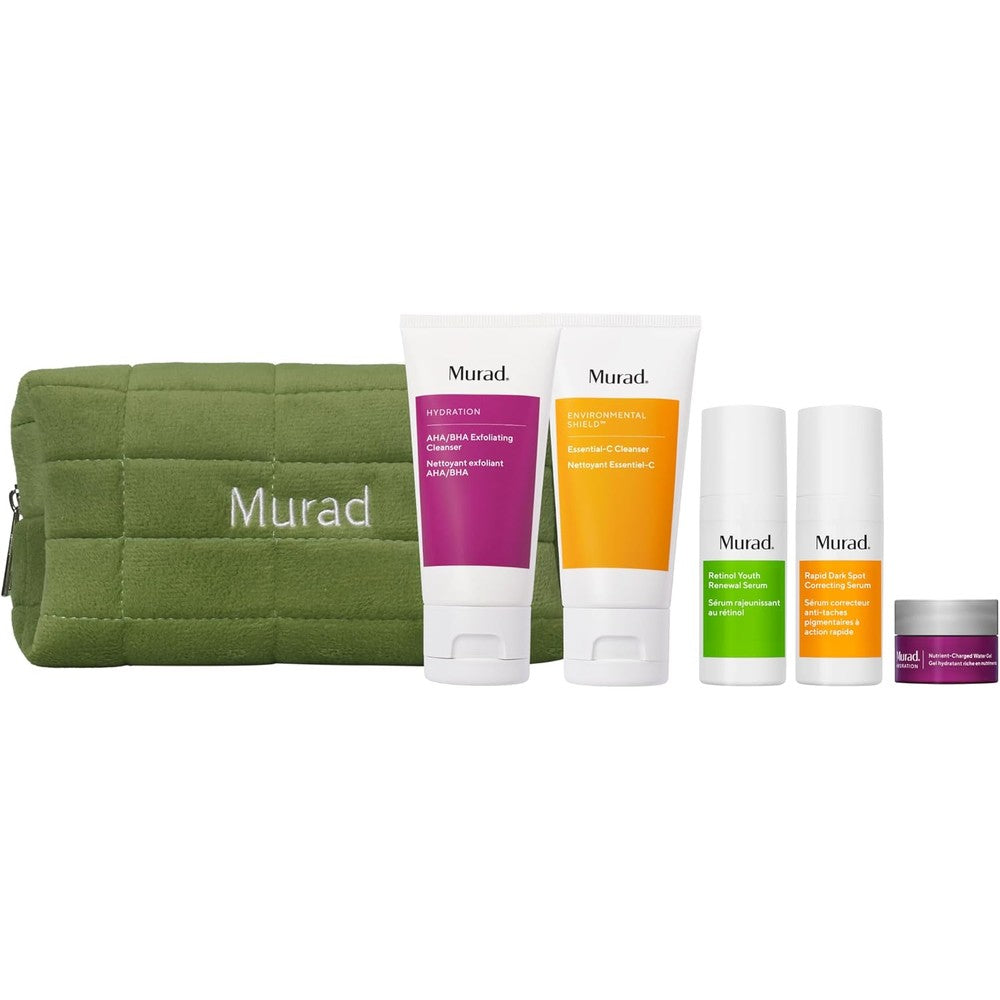 Murad Core Essentials Trial Kit 5 Piece Travel Skincare Regimen Set With Cleansers Retinol And Dark Spot Serum Plus Cosmetic Pouch