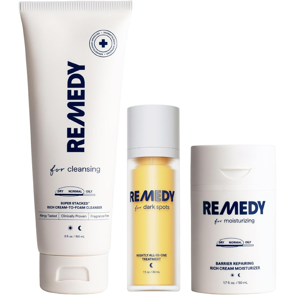 Remedy Science Hydration And Even Tone Set Three Piece Skincare Routine With Cream To Foam Cleanser Rich Moisture Cream And Dark Spot Night Serum