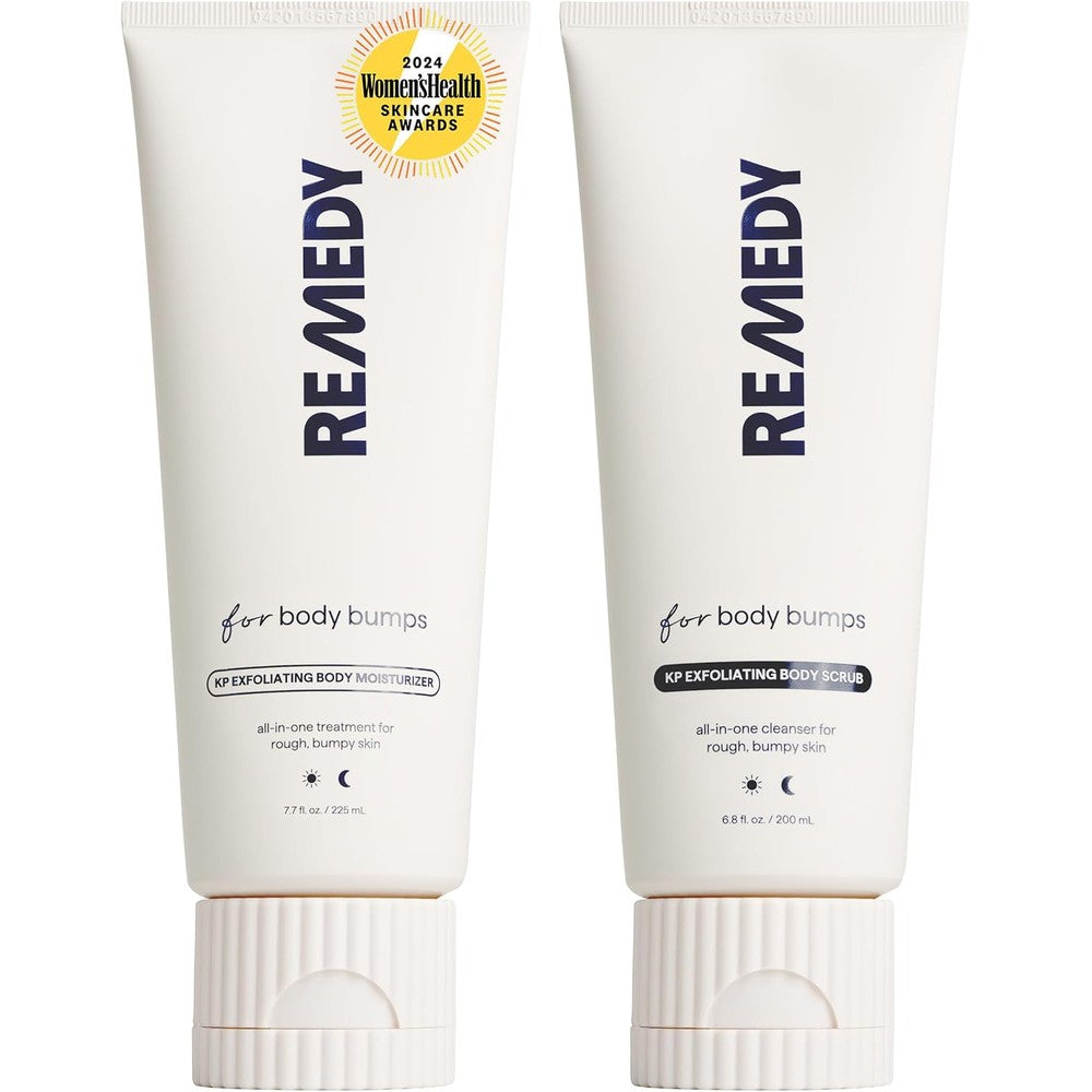 Remedy Science KP Duo front view showing the exfoliating body scrub and moisturizing lotion tubes for keratosis pilaris treatment.