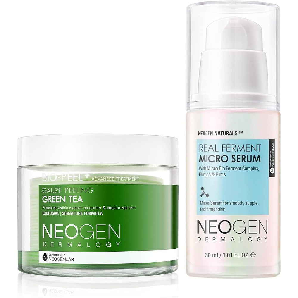 Dermalogy By Neogenlab Bio-Peel Gauze Peeling Green Tea 30 Pads And Real Ferment Micro Serum Set For Radiant Skin