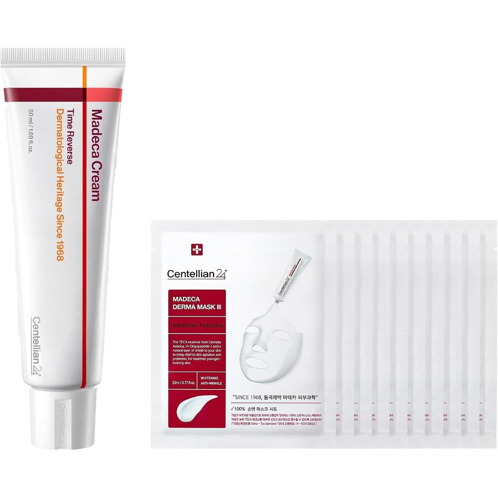 Centellian 24 Madeca Derma Face Mask 10 Pieces And Madeca Cream Time Reverse Season 7 1.69 Fluid Ounce Set For Soothing And Anti Aging