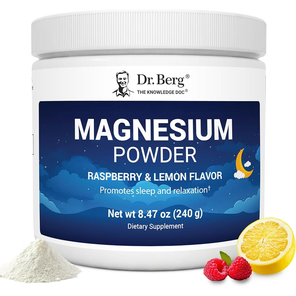 Dr. Berg Magnesium Glycinate Powder for Sleep Relaxation and Stress Relief with Vitamin D3 and Zinc Raspberry Lemon Flavor 240 Grams