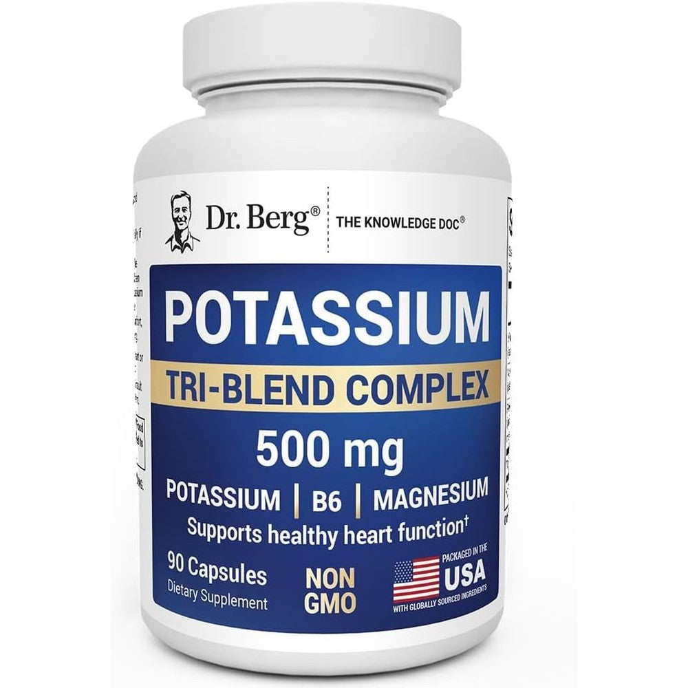 Dr. Berg Potassium Tri-Blend Complex 500 mg Potassium Supplement For Muscle And Nerve Support With Magnesium Vitamin B6 And Taurine 90 Capsules
