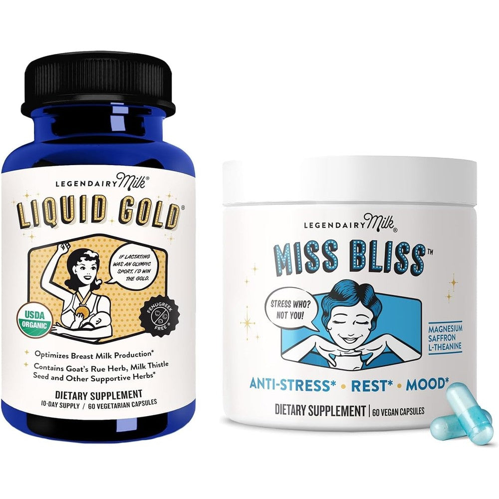 Legendairy Milk Liquid Gold Lactation Support And Miss Bliss Daily Stress Relief Herbal Supplement Bundle For Breastfeeding Mothers 60 Capsules Each