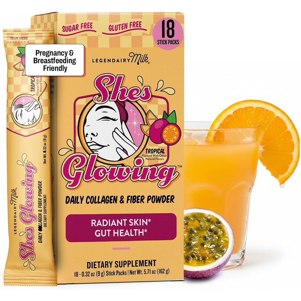 Legendairy Milk She's Glowing Collagen Peptides Powder With Prebiotic Fiber Tropical Drink Mix Supplement For Women 18 Stick Packs