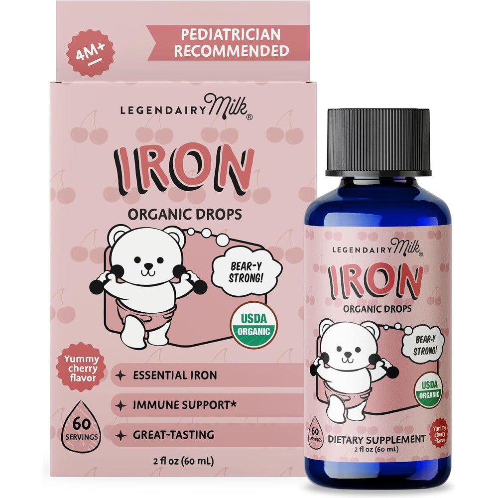 Legendairy Milk Organic Liquid Iron Supplements For Kids Baby Vitamins Sugar Free Cherry Flavor 2 Fluid Ounces