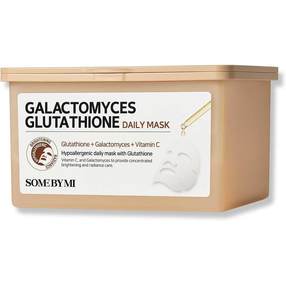 SOME BY MI Galactomyces Glutathione Daily Mask front view of the 30 sheets dispensing tub for glass skin routine