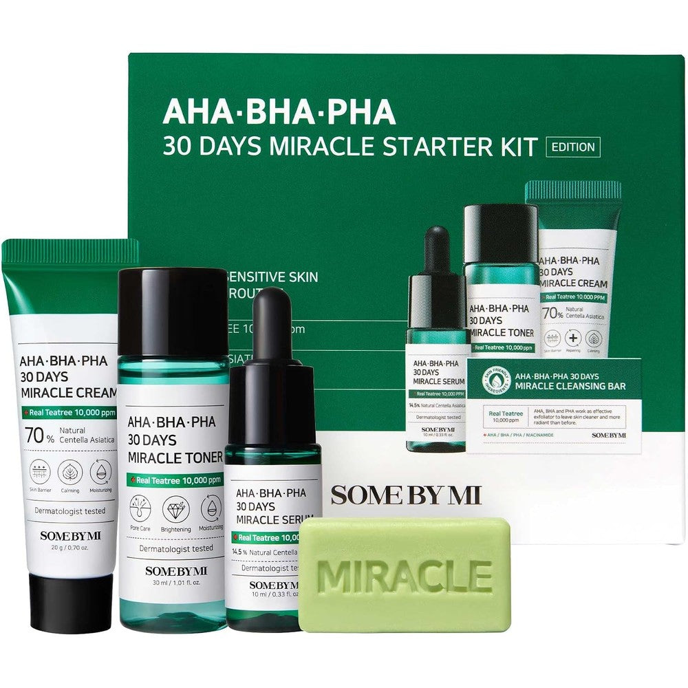 Some By Mi AHA BHA PHA 30 Days Miracle Starter Kit For Acne Care And Skin Exfoliation Four Piece Set Containing Cleansing Bar Toner Serum And Cream