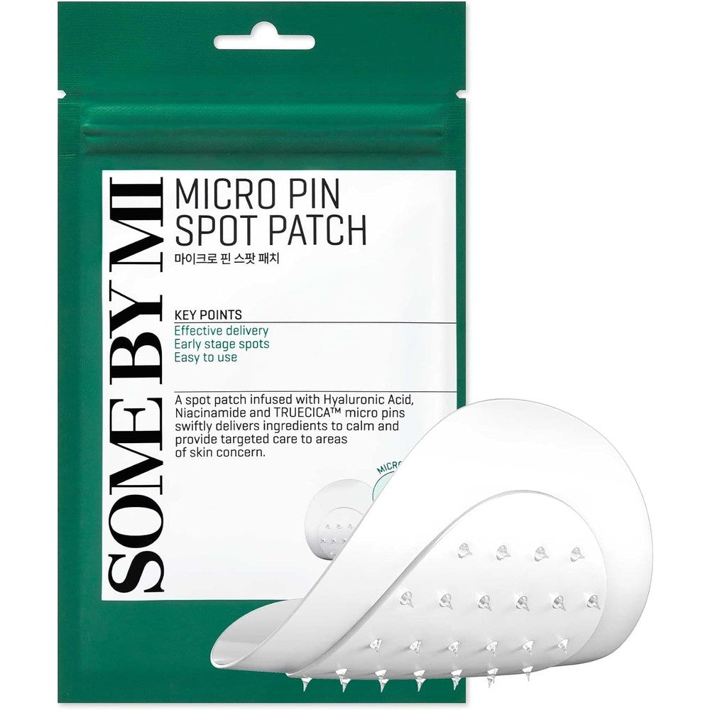 Some By Mi Micro Pin Spot Patch front view of packaging showing nine count fourteen millimeter patches for target acne care.